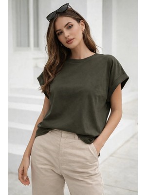 Rich Kadın Haki Pamuklu Duble Kol Detaylı Rahat Kalıp T-Shirt