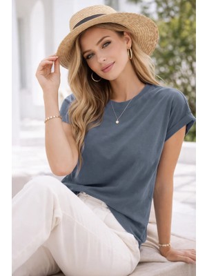 Rich Kadın Füme Pamuklu Duble Kol Detaylı Rahat Kalıp T-Shirt