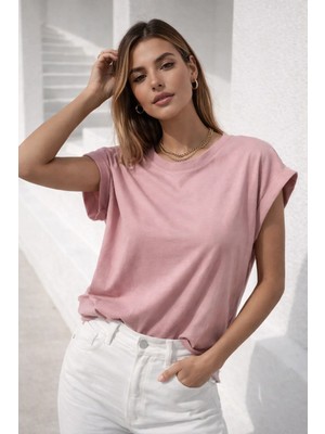 Rich Kadın Gül Kurusu Pamuklu Duble Kol Detaylı Rahat Kalıp T-Shirt
