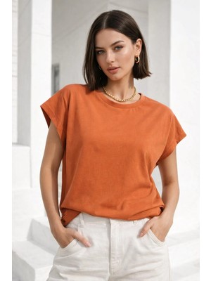 Rich Kadın Turuncu Pamuklu Duble Kol Detaylı Rahat Kalıp T-Shirt