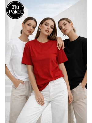 Rich Kadın 3'lü Paket Siyah-Beyaz-Kırmızı %100 Pamuk Oversize Basic Tişört Bisiklet Yaka Relaxed T-Shirt