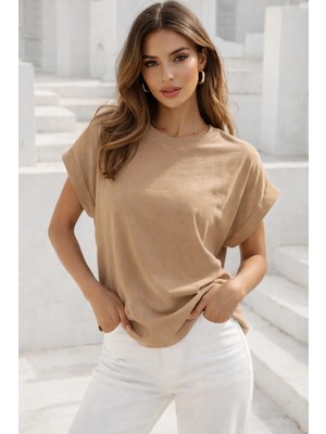 Rich Kadın Sütlü Kahve Pamuklu Duble Kol Detaylı Rahat Kalıp T-Shirt