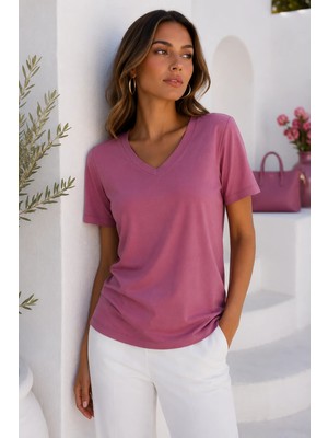 Rich Kadın Gül Kurusu Yumuşak Dokulu Interlock V Yaka Basic T-Shirt