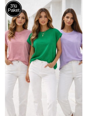 Rich Kadın 3'lü Paket Lila-Gül Kurusu-Çimen Yeşili Pamuklu Duble Kol Detaylı Rahat Kalıp T-Shirt