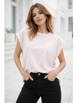 Rich Kadın Pudra Pamuklu Duble Kol Detaylı Rahat Kalıp T-Shirt