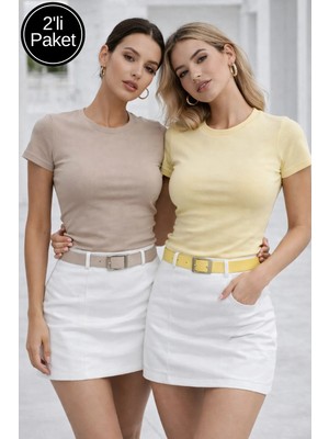 Rich Kadın Açık Kahve-Sarı 2'li Paket Slim Fit Pamuk Crop T-Shirt