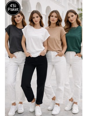 Rich Kadın 4'lü Paket Koyu Yeşil-Sütlü Kahve-Antrasit-Beyaz Pamuklu Duble Kol Detaylı Rahat Kalıp T-Shirt