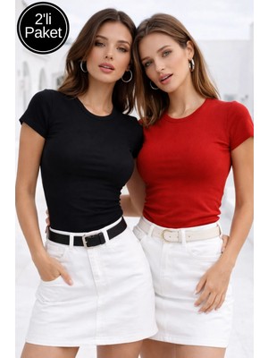 Rich Kadın Siyah-Kırmızı 2'li Paket Slim Fit Pamuk Crop T-Shirt