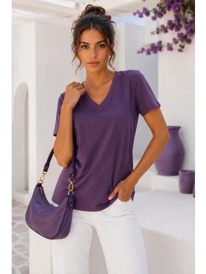 Rich Kadın Mor Yumuşak Dokulu Interlock V Yaka Basic T-Shirt