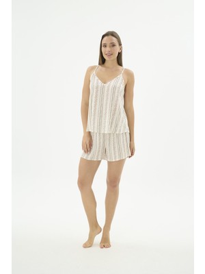 Sevim Kadın Ince Askılı Şortlu Çiçekli Ekru Pijama Takımı  C4T5N571