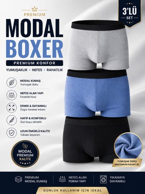 Jhena 3 Adet Pamuklu Erkek Modal Boxer, Siyah,gri,mavi Erkek Boxer