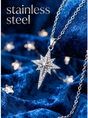 Stainless Steel 316L Çelik Gümüş Renk Zirkon Taşlı Kutup Yıldızı Model Kolye