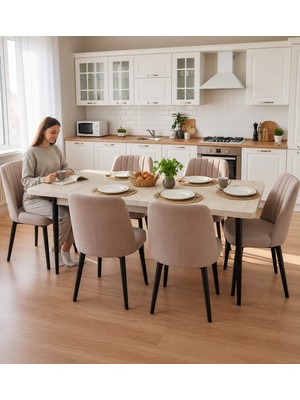 Efe Mobilya T-6032 Suntalam  Kelebek 80X130 Karegold Sandalye Cappuccino 6 Kişilik Mutfak Masası Takımı