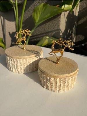 Miarik Design Dekoratif Mermer Taş Kutu Gold Geyik Pirinç Kulp Detayli 2 Li Kutu