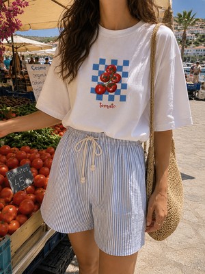 Fandr Studio Beyaz %100 Pamuk Oversize Tomato Picnic Unisex T-Shirt