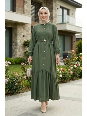 Harma Time Butik Kadın Düğmeli Kemerli Çilek Kumaş Haki  Elbise