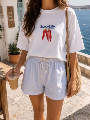 Fandr Studio %100 Pamuk Beyaz Oversize Spicy Life Unisex T-Shirt