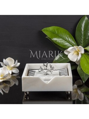 Miarik Design Beyaz Mermer Kare Peçetelik Gümüş Mercan Detaylı