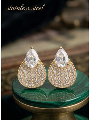 Stainless Steel Pirinç Gold Renk Zirkon Taşlı Damla Model Küpe