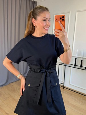 Size Özgü Lacivert Kuşaklı Cepli Elbise