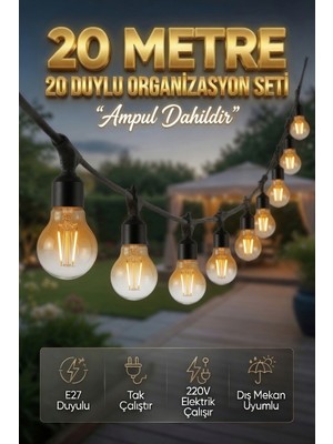 AC Aydınlatma 20 Metre 20 Duy Organizasyon Seti A60 4W E27 Rustik Ampul Dahil 220V Dış Mekan Bahçe Teras Festoon Işık Zinciri