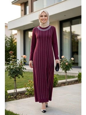 Harma Time Butik Kadın Taş Işlemeli Kristal Kumaş  Uzun Tesettür Bordo Elbise
