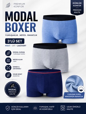 Jhena Lacivert,gri,mavi 3 Adet Erkek Modal Boxer,  Erkek Boxe, Erkek Iç Giyim