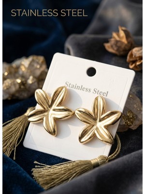 Stainless Steel 316L Çelik Gold Renk Çiçek Model Küpe