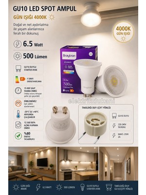 Braytron 6.5W Günışığı GU10 Duylu Çanak LED Spot Ampul 4000K (Starter Duylu) 220 Volt 6.5 Watt
