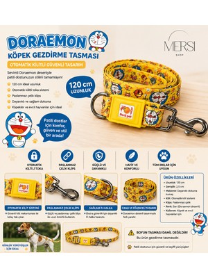 Mersi Shop Doraemon Desenli Otomatik Kilitli Köpek Gezdirme Tasması 120 cm | Paslanmaz Çelik Klipsli Pet Tasma