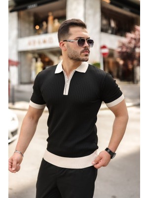 Veraura Lifestyle Erkek Yaka ve Kol Detaylı Fermuar Yakalı Çizgi Desen Kısa Kollu Triko Tişört