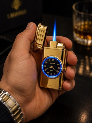 Kesene Premium Saatli LED Işıklı Metal Çakmak Özel Lüks Çakmak Prestij Hediye Dolu Gönderim Gold