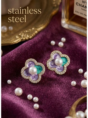 Stainless Steel Pirinç Mor Mineli Inci Detaylı Zirkon Taşlı Sanatsal Portre Yonca Model Gold Renk Küpe