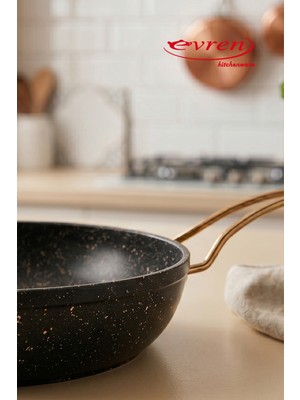 EVREN MUTFAK 18 cm Goldstone Ezme Seri Tava, Non-Stick Kızartma Tavası 0,6 Lt (Gold Çelik Kulp)