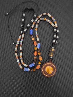 Tahrastone Deri Detaylı-Fosilli Baltık Damla Kehribar-Kaplangözü-Labradorit-Lapis Lazuli-Turkuaz Firuze-Lav Taşı-Hematit Doğaltaş Kolye Takı Aksesuar Erkek Kolye