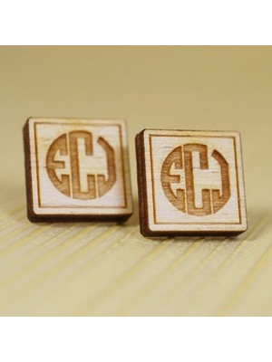 Hediye Shop 3 Harf Monogram Yazılı Kare Gümüş Kaplama ve Ahşap Kol Düğmesi
