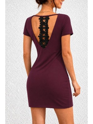 Gökyüzü Moda Kadın Kısa Kollu Sırttan Dantel Detaylı Kısa Viskon Iki Iplik Elbise