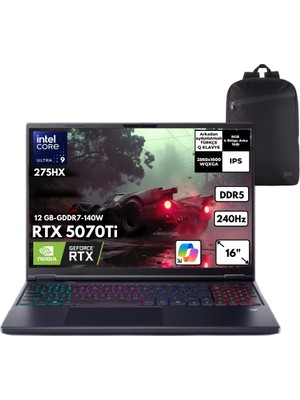 Acer Predator Helios Neo 16 Aı Ultra 9-275HX 48 -Gbddr5 4 Tbssd RTX5070TI (12 GB-GDDR7-140W) 16" Wqxga Windows 10 Pro + Qb Sırt Çantası NH.QX4EY.003QB31