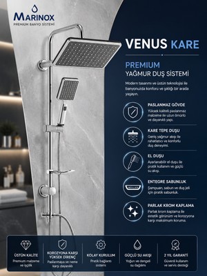 Marinox Venus Kare Krom Yağmur Duş Seti Tepe Duşlu El Duşlu Sabunluklu Duş Sistemi
