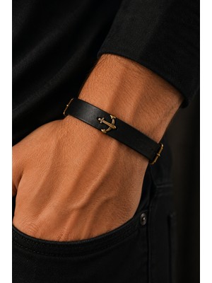 Herşey Nota Çapa Figürlü Gerçek Deri Siyah Bileklik Ayarlanabilir Unisex Bileklik