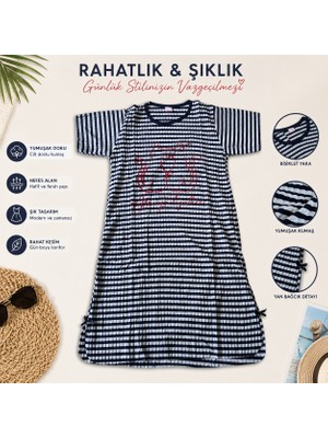 Yonca Outlet Kadın Çizgili Günlük Elbise Bisiklet Yaka Yumuşak Dokulu Rahat Kesim Ev Elbisesi