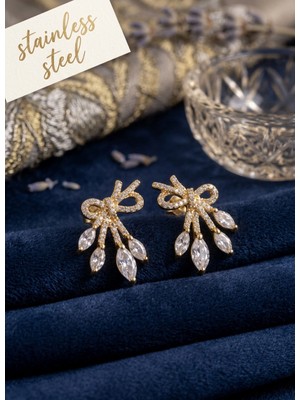 Stainless Steel Pirinç Gold Renk Zirkon Taşlı Fiyonk Küpe
