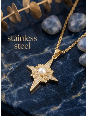 Stainless Steel 316L Çelik Gold Renk Kutup Yıldızı Model Zirkon Taşlı Kolye