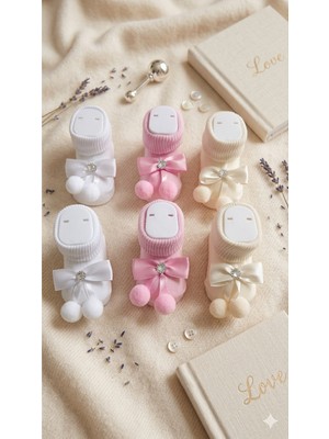Baby Socks 6 Adet Ayak Mankenli 3 Renk Ponponlu Hatıra ve Hediyelik Kız Bebek Çorabı 0-6 Ay