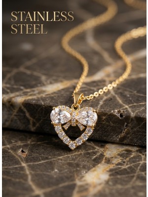 Stainless Steel 316L Çelik Zincir Gold Renk Kalp ve Fiyonk Model Zirkon Taşlı Kolye