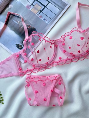 D Lingerie À Cœurs Roses Dantel Transparan Bralet Sütyen Takımı DM1361