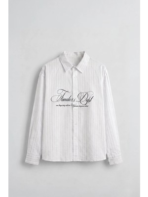 Abluka Online Erkek Boxy Fit Yazı Baskılı Çizgili Tencel Gömlek Beyaz