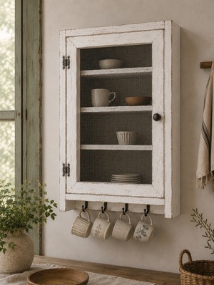 Maison Linden Eskitme Beyaz Tel Kapaklı Ahşap Duvar Dolabı 45X60 cm | Country Rustik Mutfak Dolabı, Kahve Köşesi Fincanlık, Kupa Askılı Nostaljik Dekoratif Raflı Tel Dolap