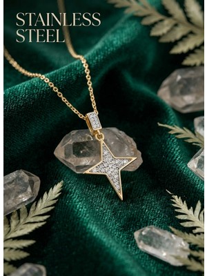 Stainless Steel 316L Çelik Zincir Gold Renk Kutup Yıldızı Model Zirkon Taşlı Kolye