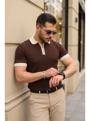 Moda Loris Erkek Yaka ve Kol Detaylı Fermuar Yakalı Çizgi Desen Kısa Kollu Triko Tişört